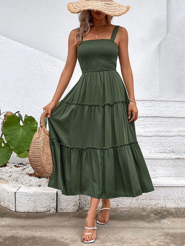 Midi Dresses- Vacation-ready Women's Square Neck Dress: Tiered Cami, Open Back Dress- Green- IndioGear Fashion and Gear