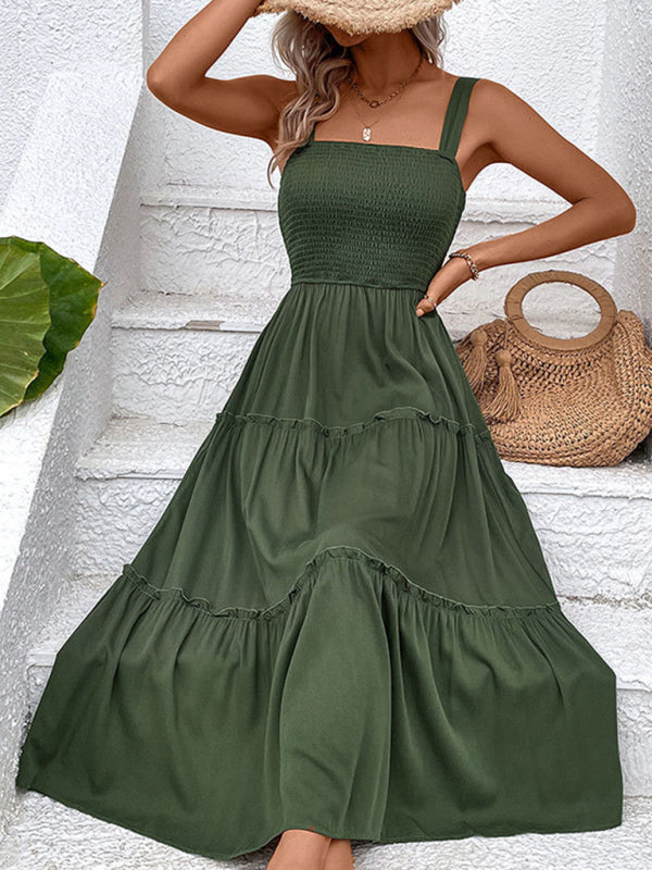 Midi Dresses- Vacation-ready Women's Square Neck Dress: Tiered Cami, Open Back Dress- - IndioGear Fashion and Gear