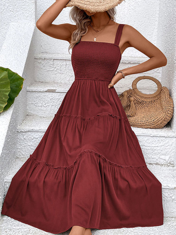 Midi Dresses- Vacation-ready Women's Square Neck Dress: Tiered Cami, Open Back Dress- - IndioGear Fashion and Gear