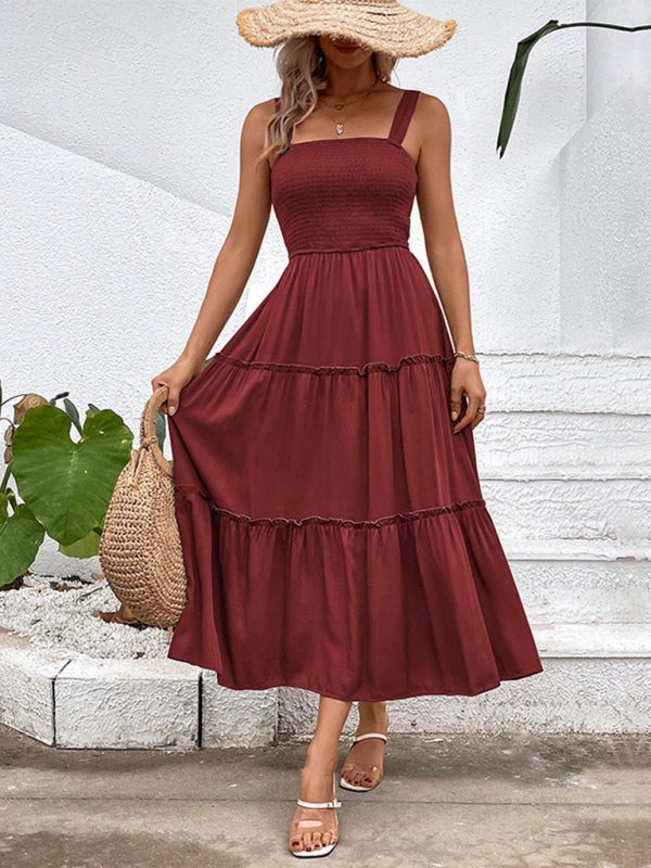 Midi Dresses- Vacation-ready Women's Square Neck Dress: Tiered Cami, Open Back Dress- Wine Red- IndioGear Fashion and Gear