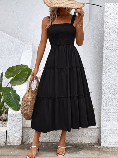 Midi Dresses- Vacation-ready Women's Square Neck Dress: Tiered Cami, Open Back Dress- Black- IndioGear Fashion and Gear