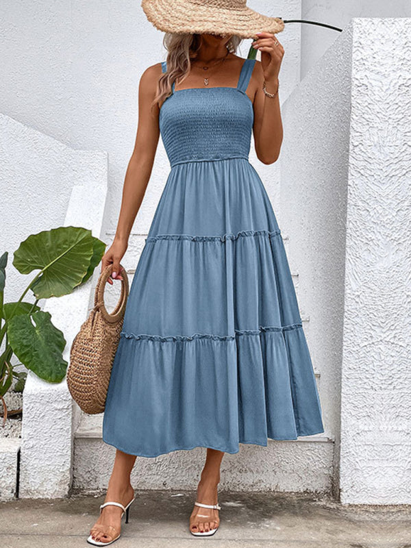 Midi Dresses- Vacation-ready Women's Square Neck Dress: Tiered Cami, Open Back Dress- Clear blue- IndioGear Fashion and Gear