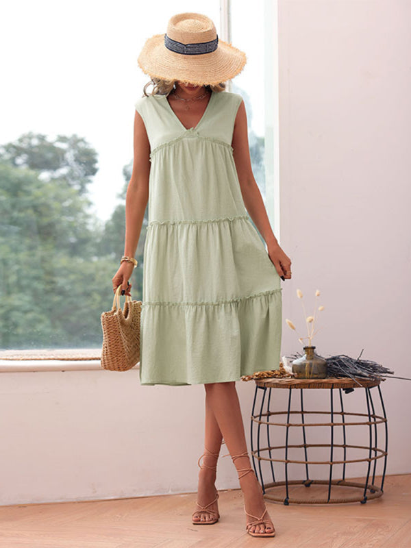 Midi Dresses- Versatile Boho Cotton Ruffle Midi Dress: Sleeveless, Tiered Ruffles- Green- IndioGear Fashion and Gear