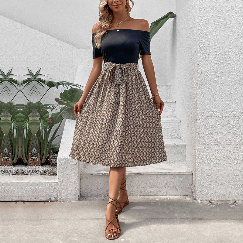 Midi Dresses- Versatile Women's Off-Shoulder Tie Belt Midi Dress - Your Go-To Choice- Khaki- IndioGear Fashion and Gear