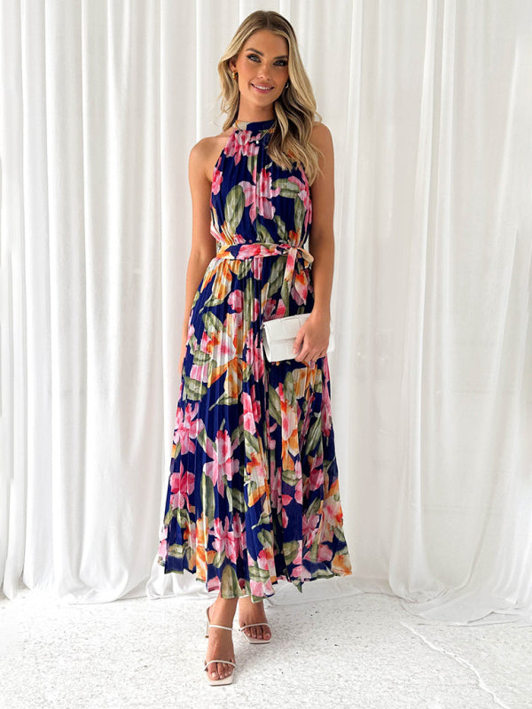 Midi Dresses- Wedding Guest Floral A-Line Pleated Plisse Sleeveless Midi Dress- - IndioGear Fashion and Gear