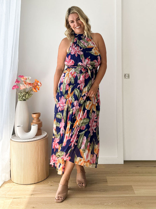 Midi Dresses- Wedding Guest Floral A-Line Pleated Plisse Sleeveless Midi Dress- - IndioGear Fashion and Gear