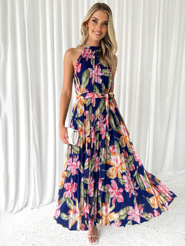 Midi Dresses- Wedding Guest Floral A-Line Pleated Plisse Sleeveless Midi Dress- Blue- IndioGear Fashion and Gear