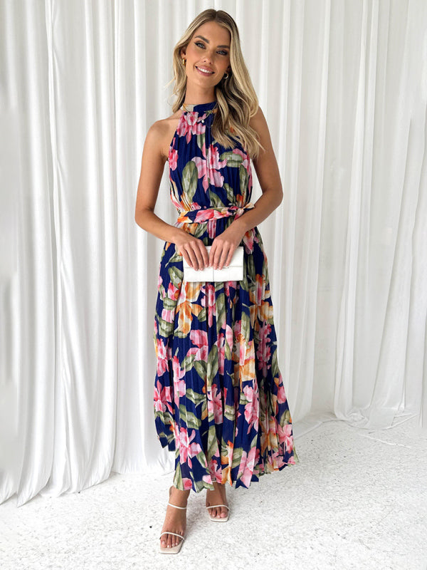 Midi Dresses- Wedding Guest Floral A-Line Pleated Plisse Sleeveless Midi Dress- - IndioGear Fashion and Gear