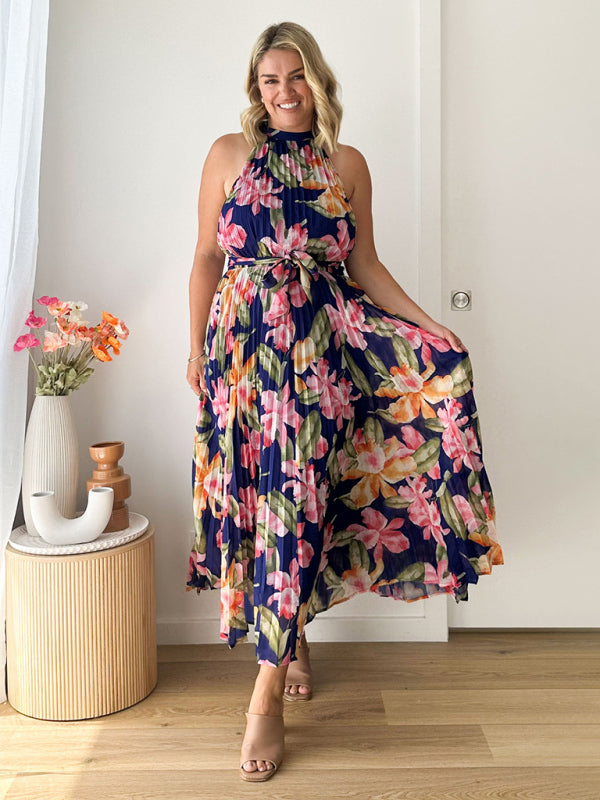 Midi Dresses- Wedding Guest Floral A-Line Pleated Plisse Sleeveless Midi Dress- - IndioGear Fashion and Gear