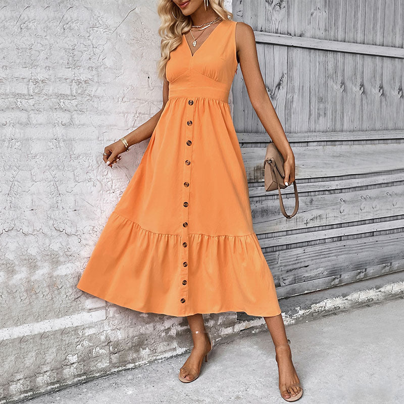 Midi Dresses- Women's Button Down Tiered Midi Dress - Perfect for Special Occasions- Orange- IndioGear Fashion and Gear