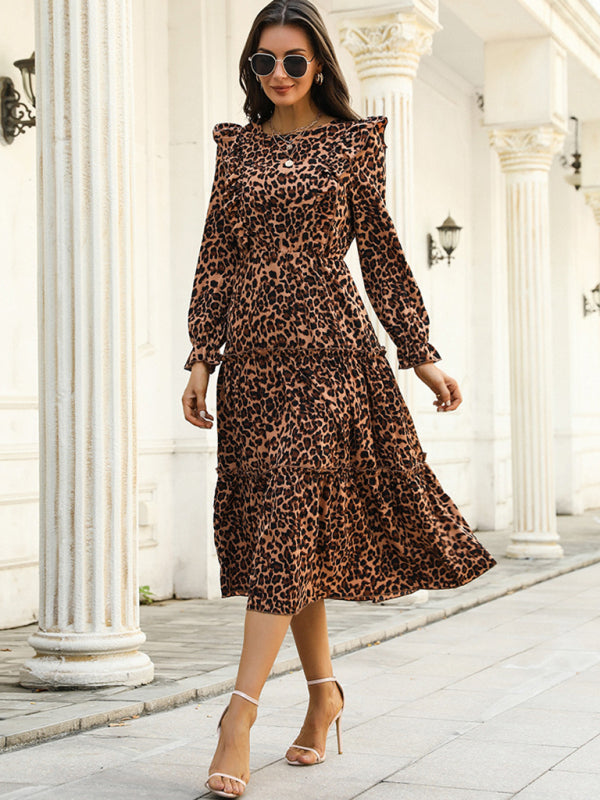 Midi Dresses- Women's Captivating Animal Print Midi Dress with Tiered Ruffle Skirt- Coffee- IndioGear Fashion and Gear