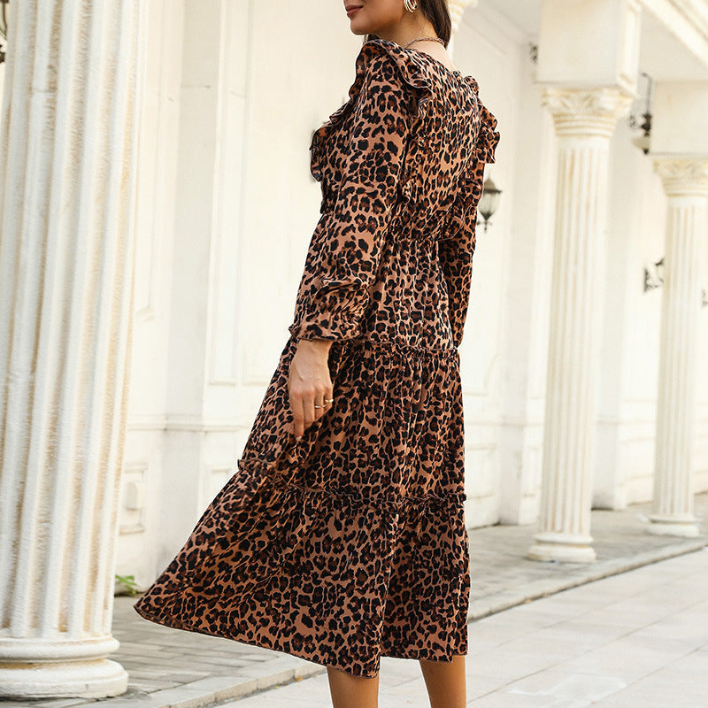 Midi Dresses- Women's Captivating Animal Print Midi Dress with Tiered Ruffle Skirt- - IndioGear Fashion and Gear