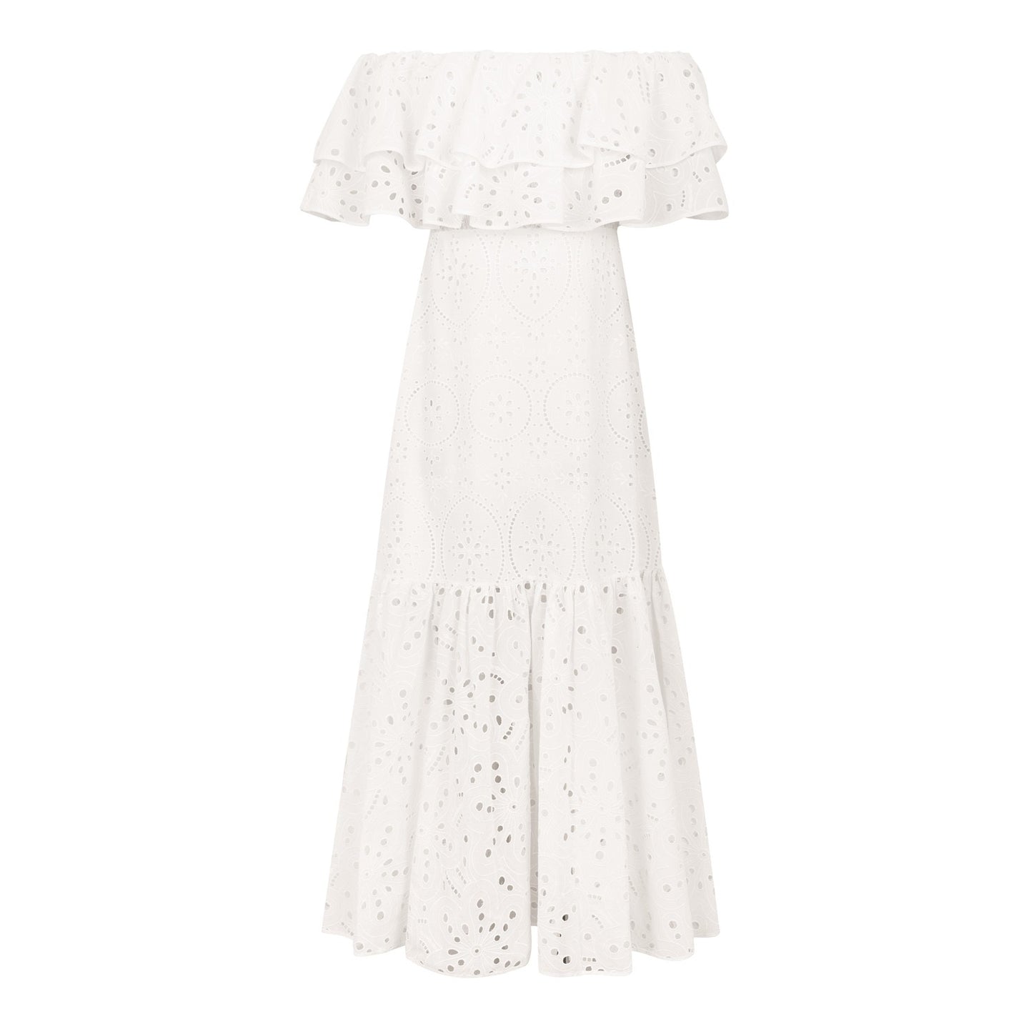 Midi Dresses- Women's Embroidered Cotton Eyelet Midi Dress with Flowy Ruffles- - IndioGear Fashion and Gear