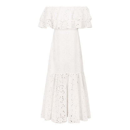 Midi Dresses- Women's Embroidered Cotton Eyelet Midi Dress with Flowy Ruffles- - IndioGear Fashion and Gear