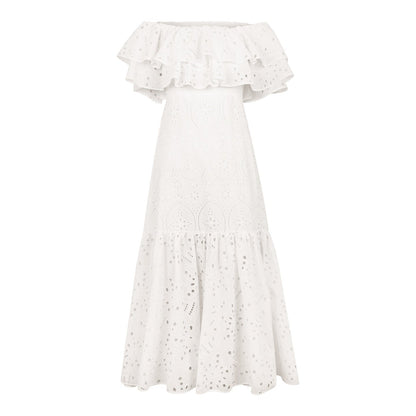 Midi Dresses- Women's Embroidered Cotton Eyelet Midi Dress with Flowy Ruffles- - IndioGear Fashion and Gear