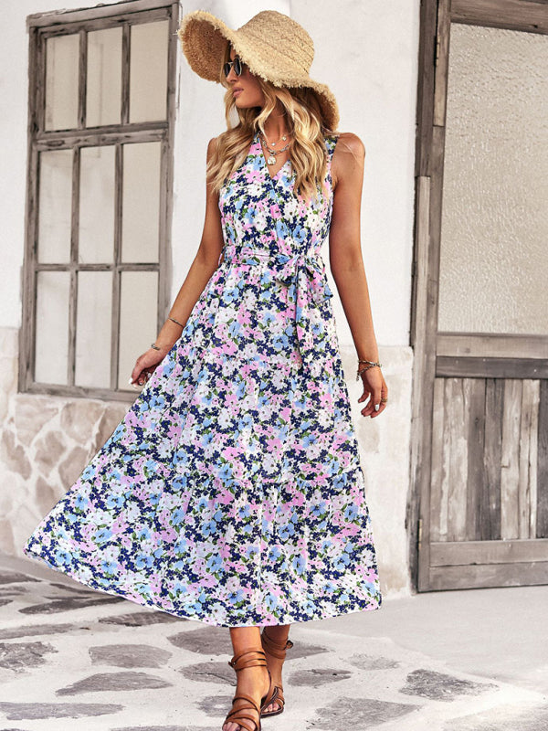 Midi Dresses- Women's Floral Tiered Belted Tank Midi Dress With Surplice V Neck- - IndioGear Fashion and Gear