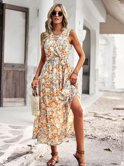 Midi Dresses- Women's Floral Tiered Belted Tank Midi Dress With Surplice V Neck- Yellow- IndioGear Fashion and Gear