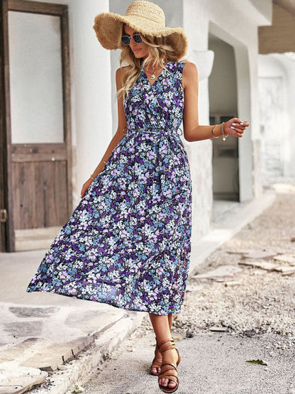 Midi Dresses- Women's Floral Tiered Belted Tank Midi Dress With Surplice V Neck- Purple- IndioGear Fashion and Gear