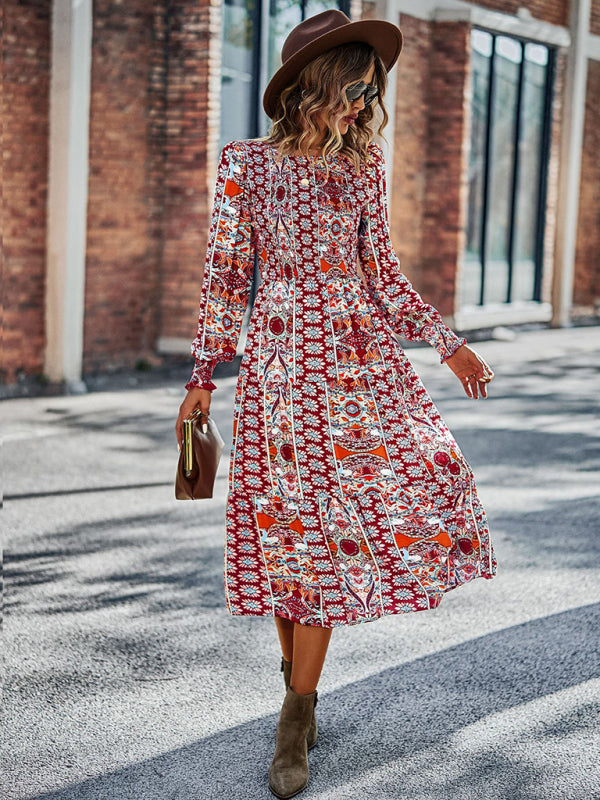 Midi Dresses- Women's Floral Tiered Midi Dress with Shirred Bodice & Long Sleeves- - IndioGear Fashion and Gear