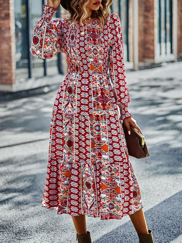 Midi Dresses- Women's Floral Tiered Midi Dress with Shirred Bodice & Long Sleeves- Wine Red- IndioGear Fashion and Gear