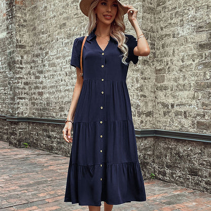 Midi Dresses- Women's Hepburn Style Midi Dress - Tiered Ruffle, Button Down Dress- Navy Blue- IndioGear Fashion and Gear