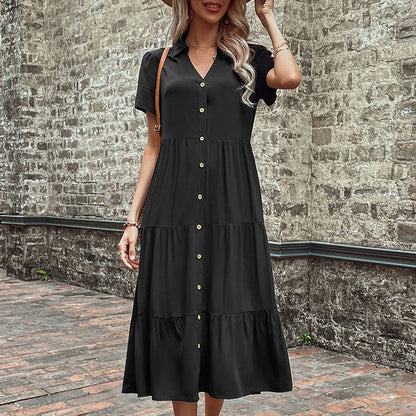 Midi Dresses- Women's Hepburn Style Midi Dress - Tiered Ruffle, Button Down Dress- - IndioGear Fashion and Gear