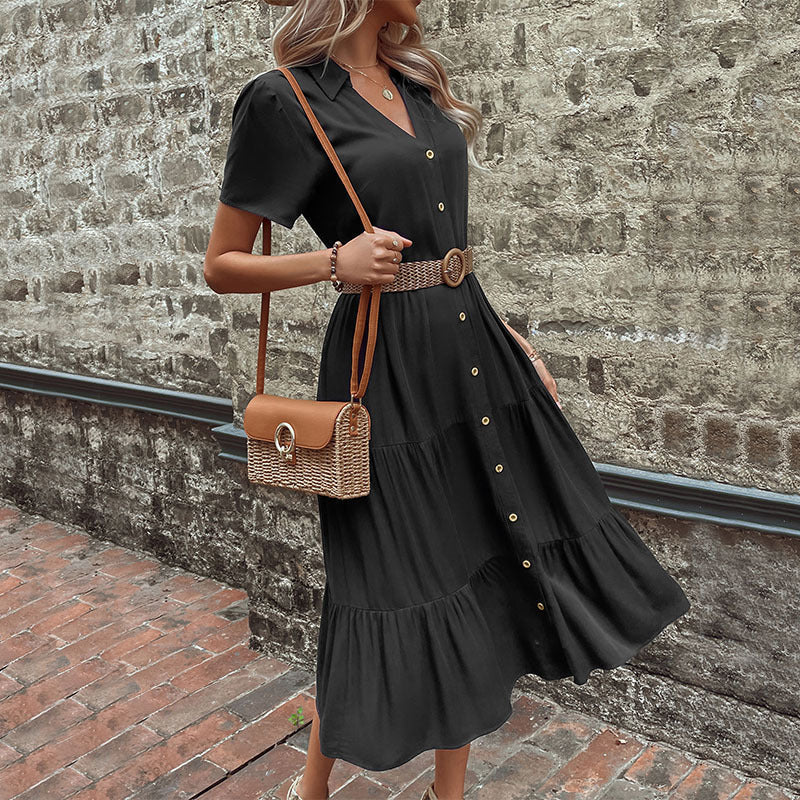 Midi Dresses- Women's Hepburn Style Midi Dress - Tiered Ruffle, Button Down Dress- - IndioGear Fashion and Gear