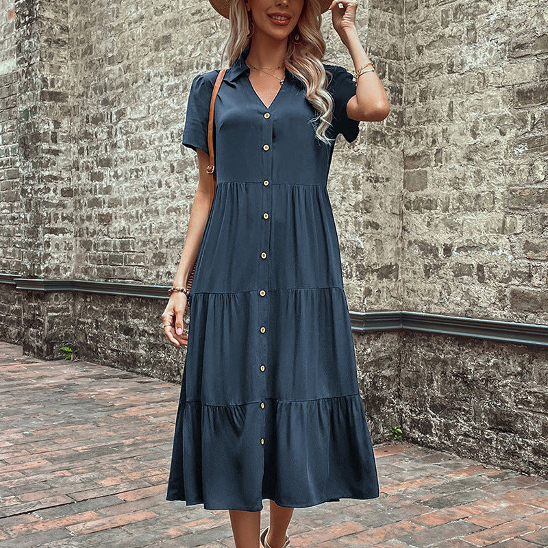 Midi Dresses- Women's Hepburn Style Midi Dress - Tiered Ruffle, Button Down Dress- Charcoal grey- IndioGear Fashion and Gear