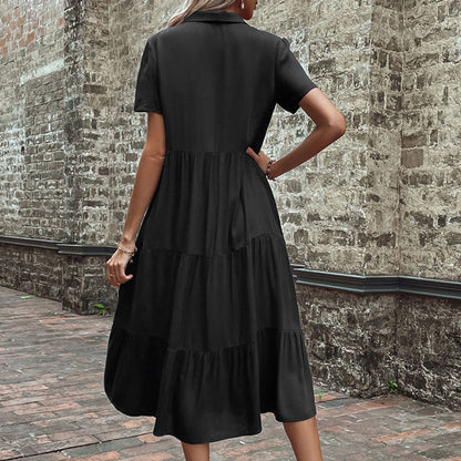 Midi Dresses- Women's Hepburn Style Midi Dress - Tiered Ruffle, Button Down Dress- - IndioGear Fashion and Gear