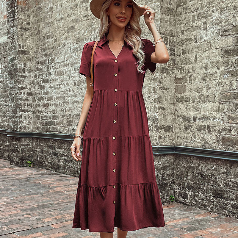 Midi Dresses- Women's Hepburn Style Midi Dress - Tiered Ruffle, Button Down Dress- Wine Red- IndioGear Fashion and Gear