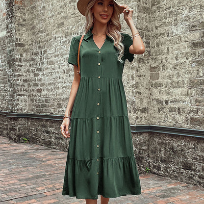 Midi Dresses- Women's Hepburn Style Midi Dress - Tiered Ruffle, Button Down Dress- Olive green- IndioGear Fashion and Gear