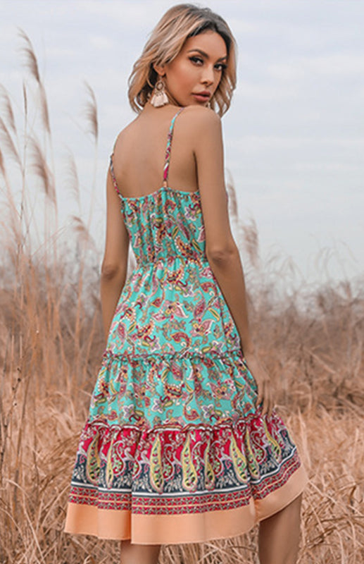 Midi Dresses- Women's Paisley Print Tiered Ruffle Cami Midi Dress- - IndioGear Fashion and Gear