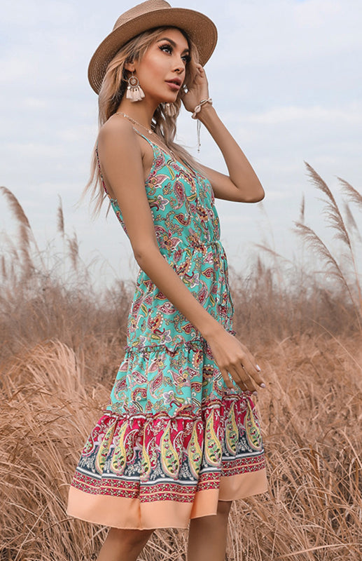 Midi Dresses- Women's Paisley Print Tiered Ruffle Cami Midi Dress- - IndioGear Fashion and Gear