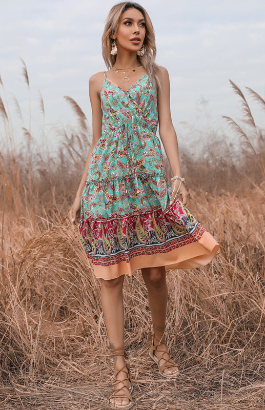 Midi Dresses- Women's Paisley Print Tiered Ruffle Cami Midi Dress- Pale green- IndioGear Fashion and Gear