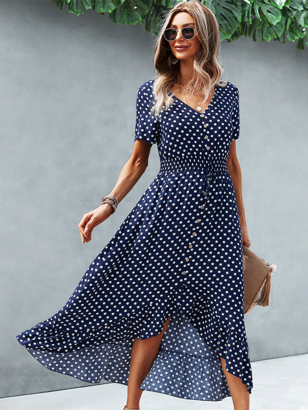 Midi Dresses- Women's Polka Dot V Neck Midi Dress With Buttons Front & Waist Tie- - IndioGear Fashion and Gear