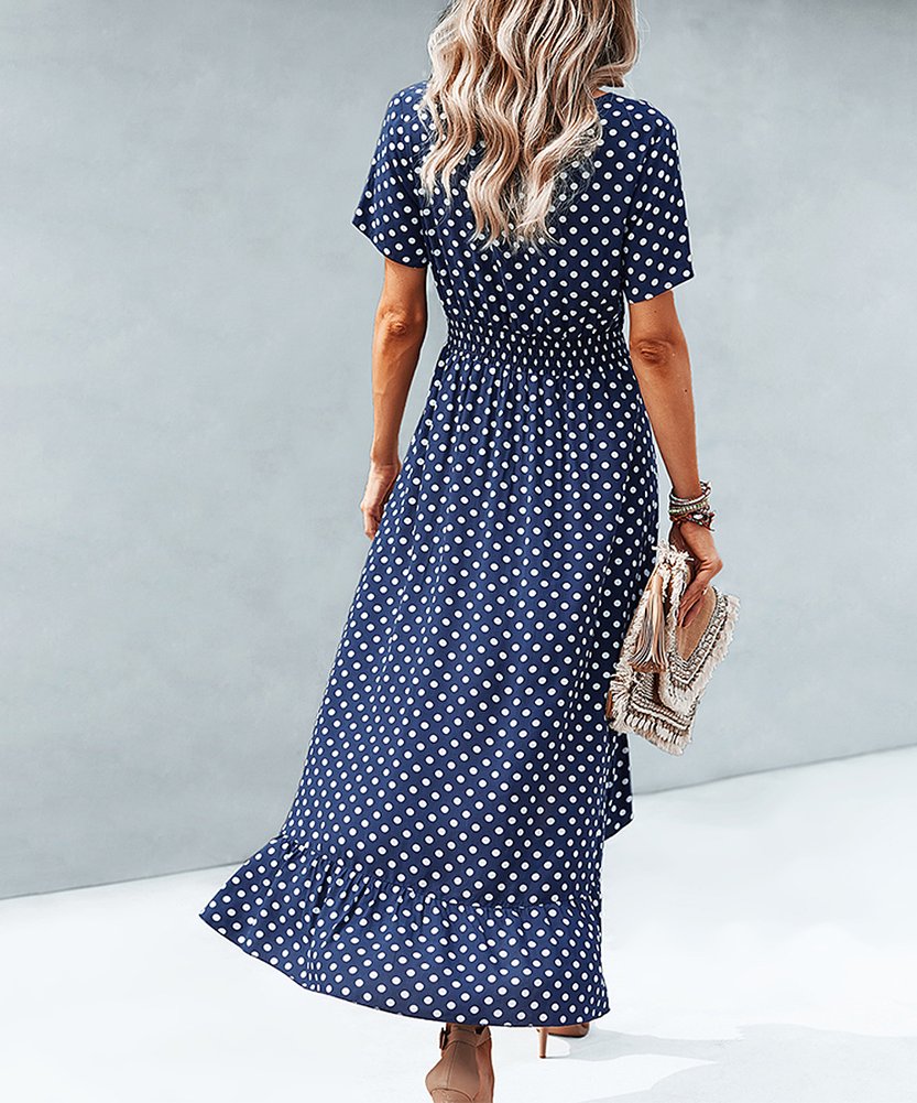 Midi Dresses- Women's Polka Dot V Neck Midi Dress With Buttons Front & Waist Tie- - IndioGear Fashion and Gear