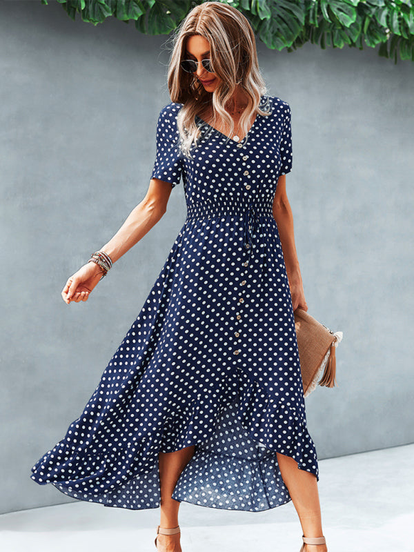 Midi Dresses- Women's Polka Dot V Neck Midi Dress With Buttons Front & Waist Tie- - IndioGear Fashion and Gear