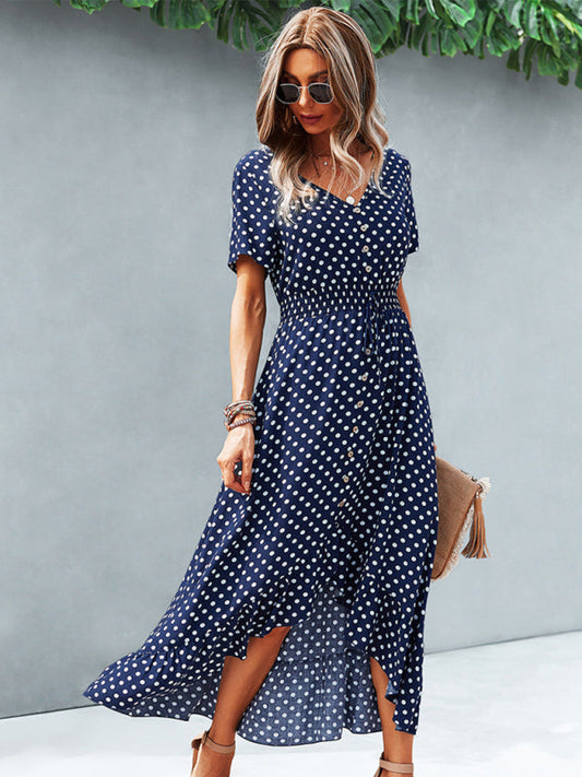 Midi Dresses- Women's Polka Dot V Neck Midi Dress With Buttons Front & Waist Tie- Navy Blue- IndioGear Fashion and Gear