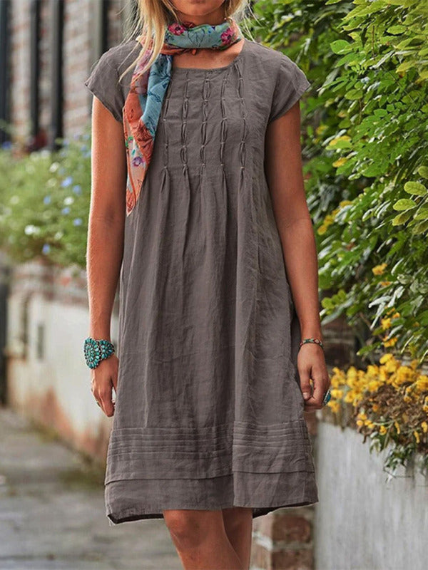 Midi Dresses- Women's Textured A-Line Dress - Casual Chic with Pleated Design- Brown- IndioGear Fashion and Gear