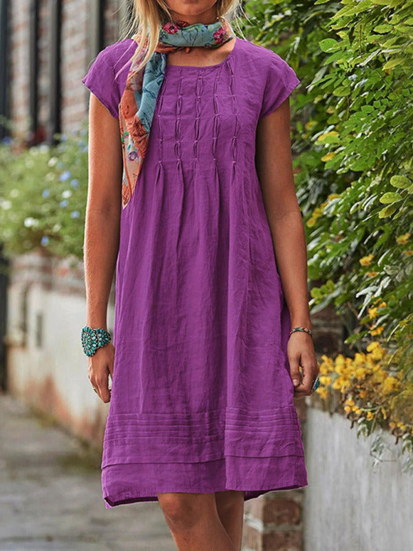 Midi Dresses- Women's Textured A-Line Dress - Casual Chic with Pleated Design- Purple- IndioGear Fashion and Gear