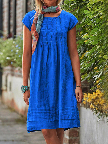 Midi Dresses- Women's Textured A-Line Dress - Casual Chic with Pleated Design- Blue- IndioGear Fashion and Gear