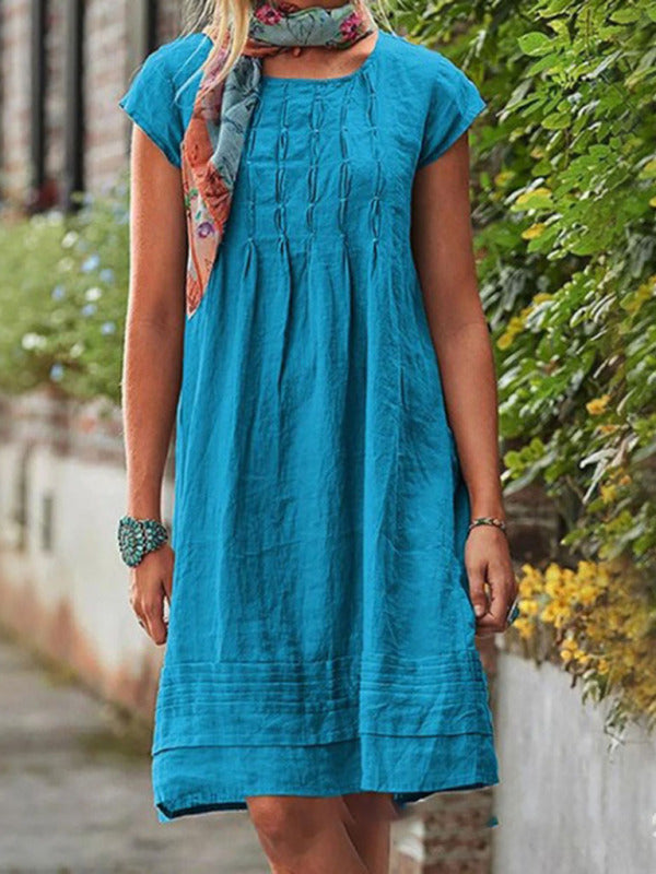 Midi Dresses- Women's Textured A-Line Dress - Casual Chic with Pleated Design- Sky blue azure- IndioGear Fashion and Gear