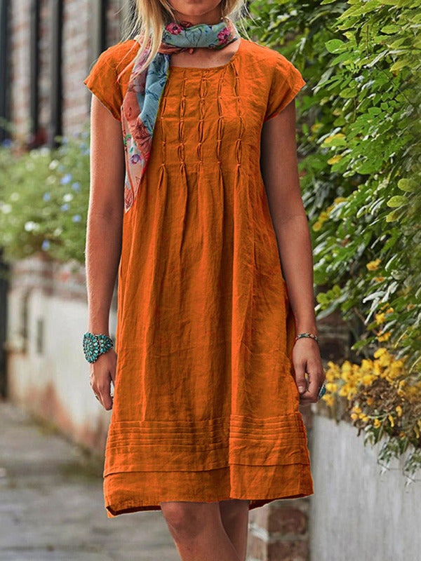 Midi Dresses- Women's Textured A-Line Dress - Casual Chic with Pleated Design- Orange- IndioGear Fashion and Gear