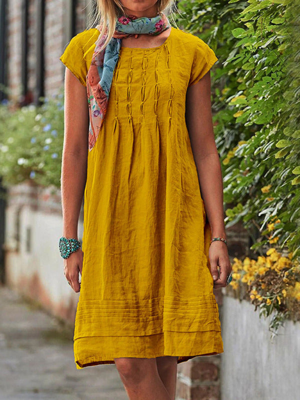 Midi Dresses- Women's Textured A-Line Dress - Casual Chic with Pleated Design- Yellow- IndioGear Fashion and Gear