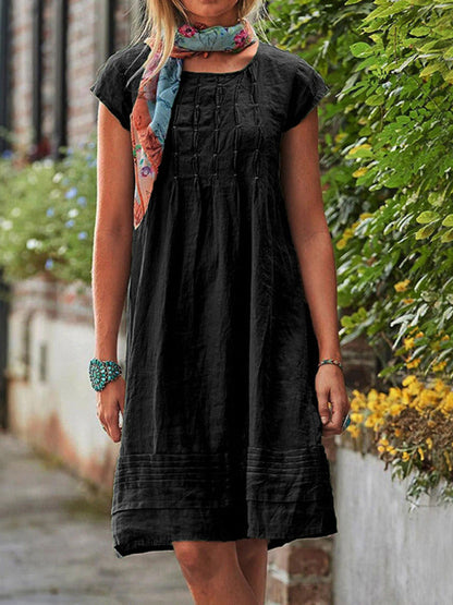 Midi Dresses- Women's Textured A-Line Dress - Casual Chic with Pleated Design- Black- IndioGear Fashion and Gear