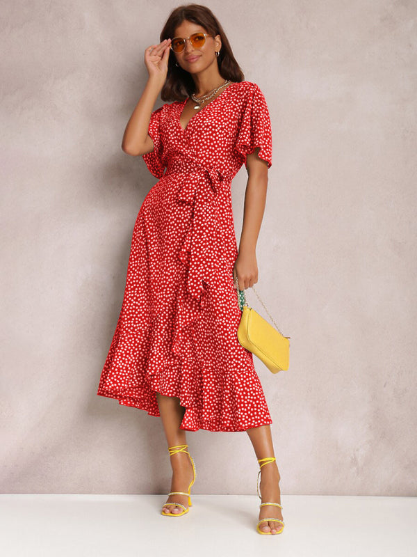 Midi Dresses- Wrap Belt Ruffle Dress: Surplice V Neck, Polka Dot, Petal Sleeves- - IndioGear Fashion and Gear