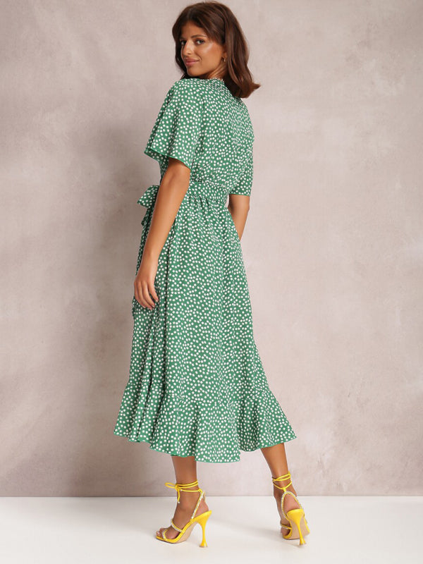 Midi Dresses- Wrap Belt Ruffle Dress: Surplice V Neck, Polka Dot, Petal Sleeves- - IndioGear Fashion and Gear