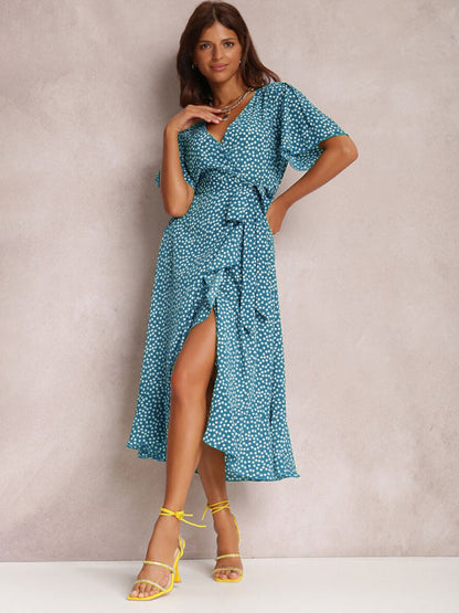 Midi Dresses- Wrap Belt Ruffle Dress: Surplice V Neck, Polka Dot, Petal Sleeves- - IndioGear Fashion and Gear