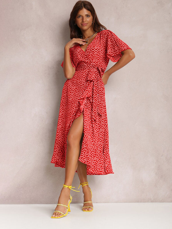 Midi Dresses- Wrap Belt Ruffle Dress: Surplice V Neck, Polka Dot, Petal Sleeves- Red- IndioGear Fashion and Gear