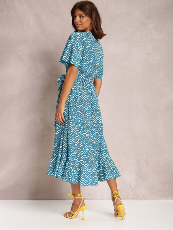 Midi Dresses- Wrap Belt Ruffle Dress: Surplice V Neck, Polka Dot, Petal Sleeves- - IndioGear Fashion and Gear